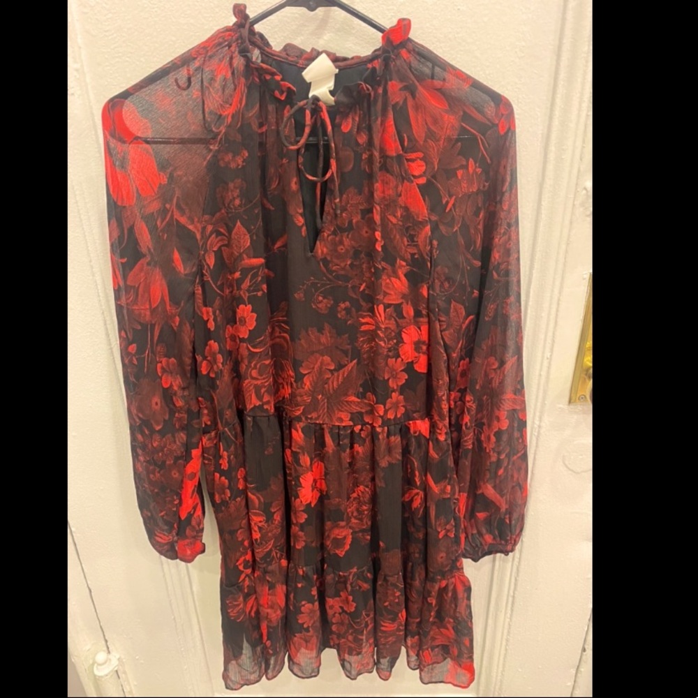H&M Floral Red Black Dress Tie Neck Ruffles size 2